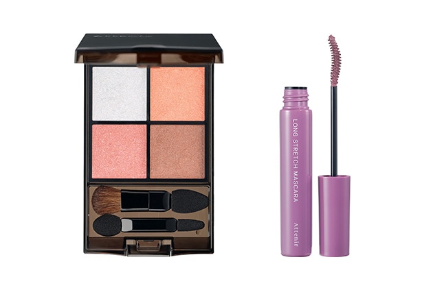 〈アテニア〉左から：ミラージュアップ アイズ(限定1色) 税込2,420円、ロングストレッチ マスカラ(限定2色) 各税込1,650円