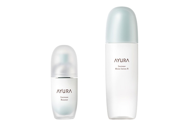 〈アユーラ〉左から：インクリーゼ&emsp;ブースター(40mL) 税込7,150円、インクリーゼ&emsp;モイストローション&emsp;R(200mL) 税込4,400円