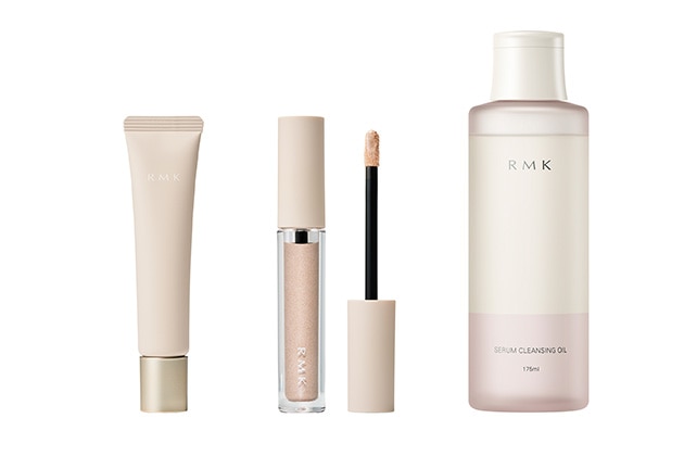〈RMK〉左から：スキンティント モイストヴェール SPF15・PA++(25g)(全2色) 各税込5,280円、グロウ イルミネーター(全1色) 税込3,080円、セラム クレンジングオイル(175mL) 税込4,180円