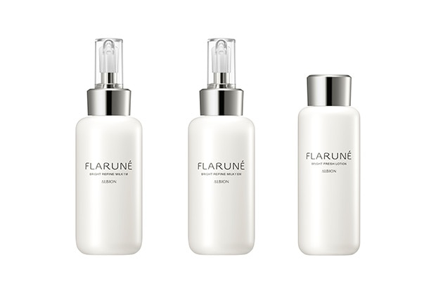 〈アルビオン〉左から：フラルネ ブライトリファイン ミルク f M〈医薬部外品〉(200g) 税込5,500円、同 ミルク f EM〈医薬部外品〉(200g) 税込5,500円、フラルネ ブライト フレッシュローション〈医薬部外品〉(200mL) 税込5,500円