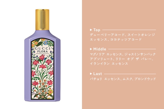 〈グッチ ビューティ〉フローラ ゴージャス マグノリア オードパルファム(10mL) 税込4,950円、同(30mL) 税込11,550円、同(50mL) 税込16,500円、同(100mL) 税込23,100円