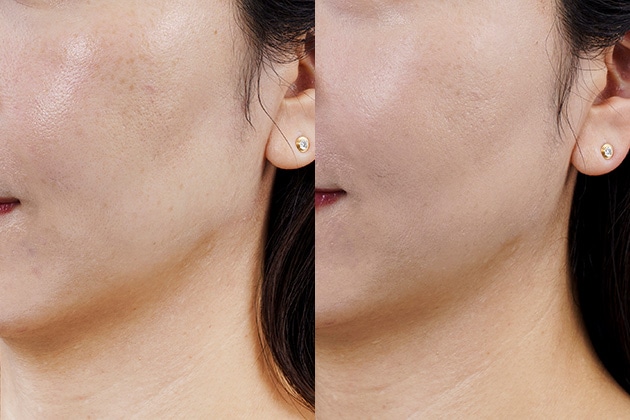 左から：すっぴんの状態、ベースメイク完成後