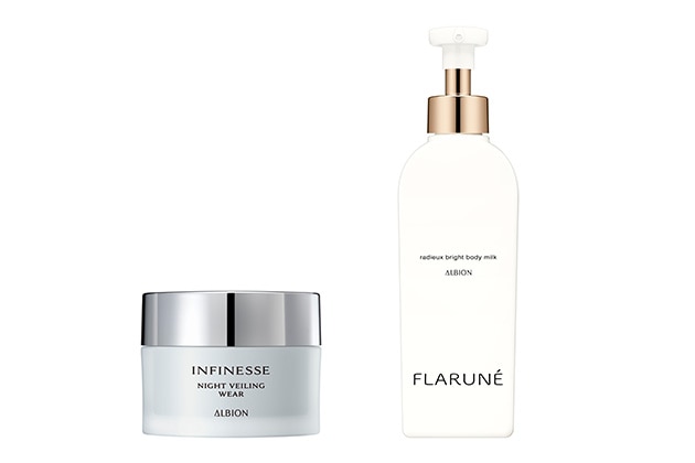 〈アルビオン〉左から：アンフィネス ナイトヴェーリング ウェア(50g) 税込8,800円、フラルネ ラデュー ブライトボディミルク〈医薬部外品〉(250mL) 税込3,850円