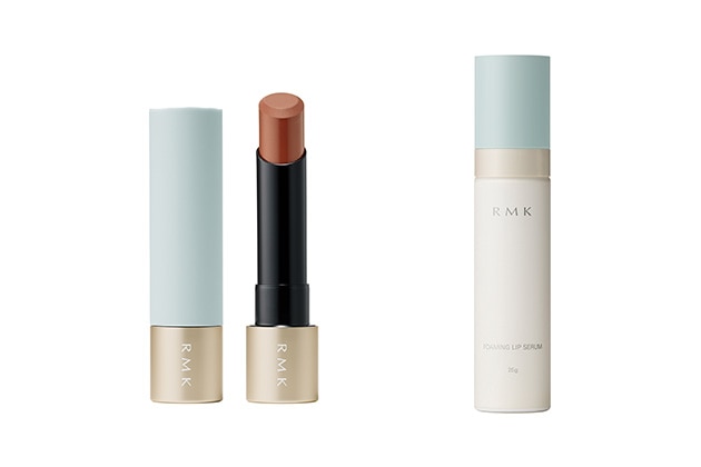 〈RMK〉左から：ルミマット リップカラー(レフィル)(全9色、うち限定1色) 各税込3,300円 ※一部数量限定発売、リップカラーケース BL 税込1,100円、フォーミング リップセラム(25g) 税込4,180円