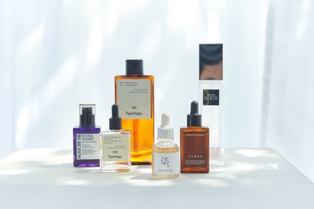 左から：〈SOME BY MI〉レチノールインテンスリアクティベーションセラム(30mL) 税込2,850円、〈Typology〉C30 バイフェーズ リペアリングセラム(28mL) 税込6,400円、〈Typology〉7イングリディエンツ ミセラーウォーター D11(200mL) 税込3,310円、〈Beauty of Joseon〉グロウセラム(30mL) 税込4,909円、〈SUWAH〉Northern Placen Mayu Oil(30mL) 税込4,840円、〈THE GINZA〉ハイブリッドジェルオイル n(100mL) 税込29,700円 ※いずれもDEPACOではお取り扱いがございません。あらかじめご了承ください。