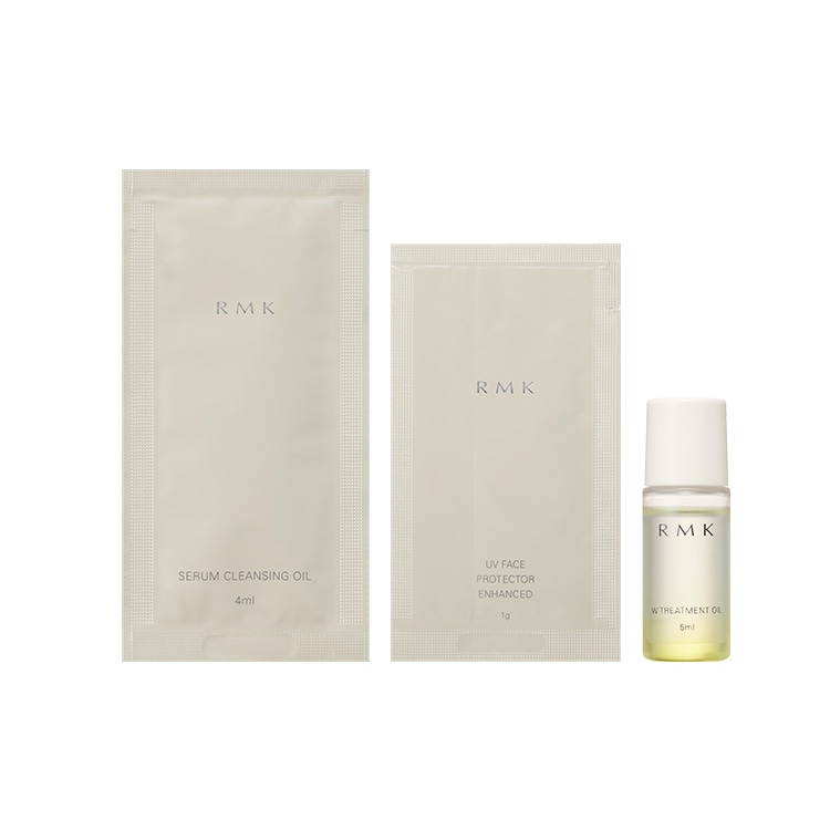 RMK セラムクレンジングオイル パウチサンプル(4ｍL)、RMK UVフェイスプロテクター エンハンスト パウチサンプル(1g)、RMK Ｗトリートメントオイル ミニサイズ(5mL)